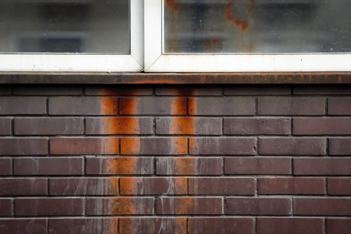 Horizontale scheur en roestvlekken boven een raam door een doorgeroeste stalen latei