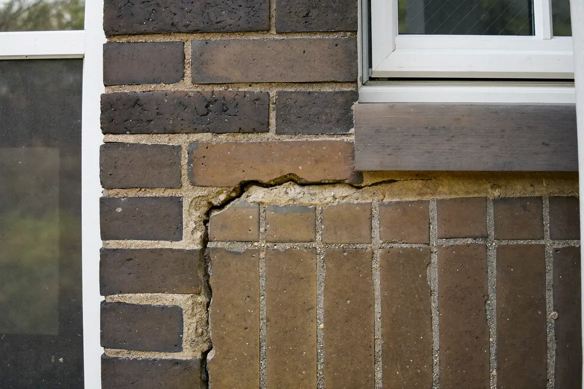 Trapvormige scheur door de voegen van een bakstenen muur naast een wit kozijn