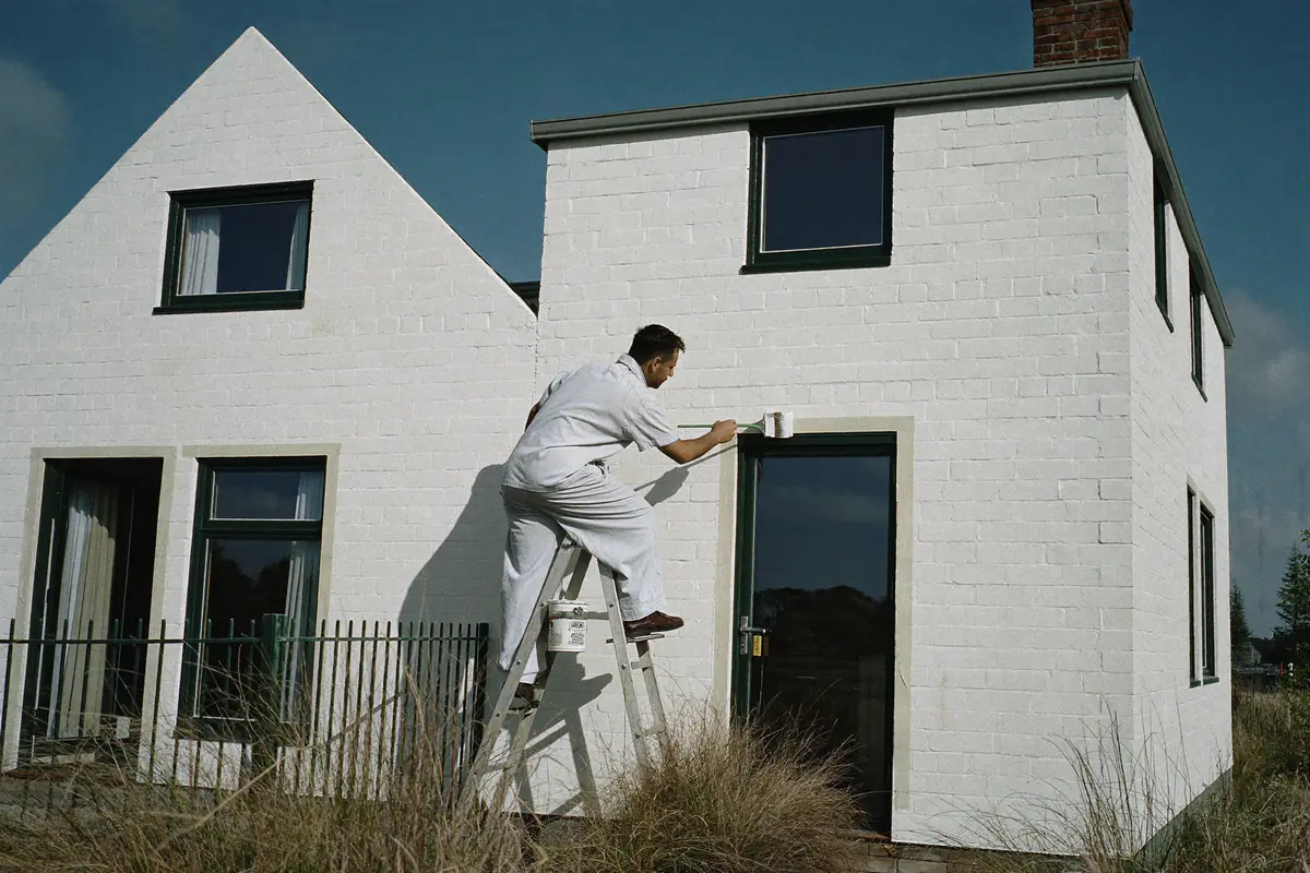Schilder op een ladder verft de witte bakstenen gevel van een ouder huis in een kustdorp